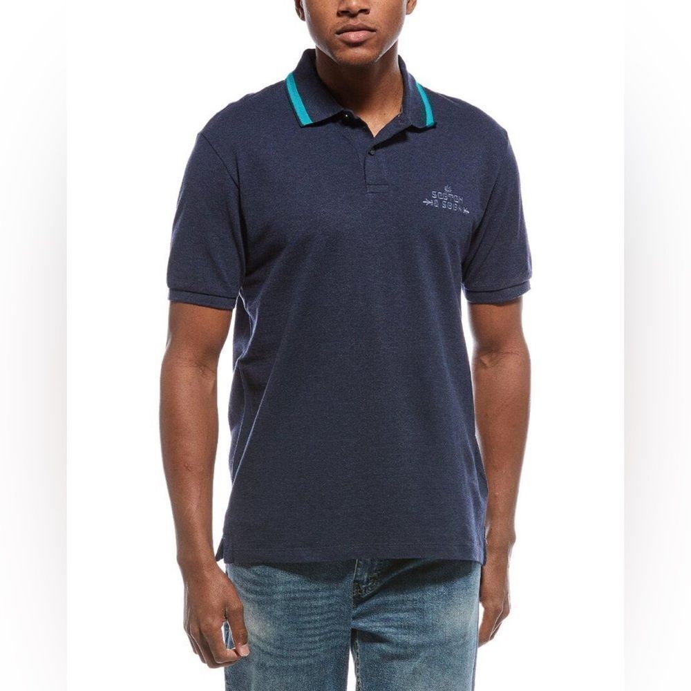 SCOTCH & SODA Polo Shirt Sz L Navy Cotton Pique Logo Preppy Minimalist‎ Golf
